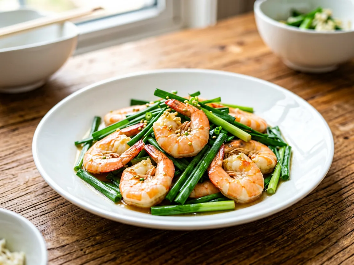 Chinese Chives Stir-Fried with Fresh River Shrimp